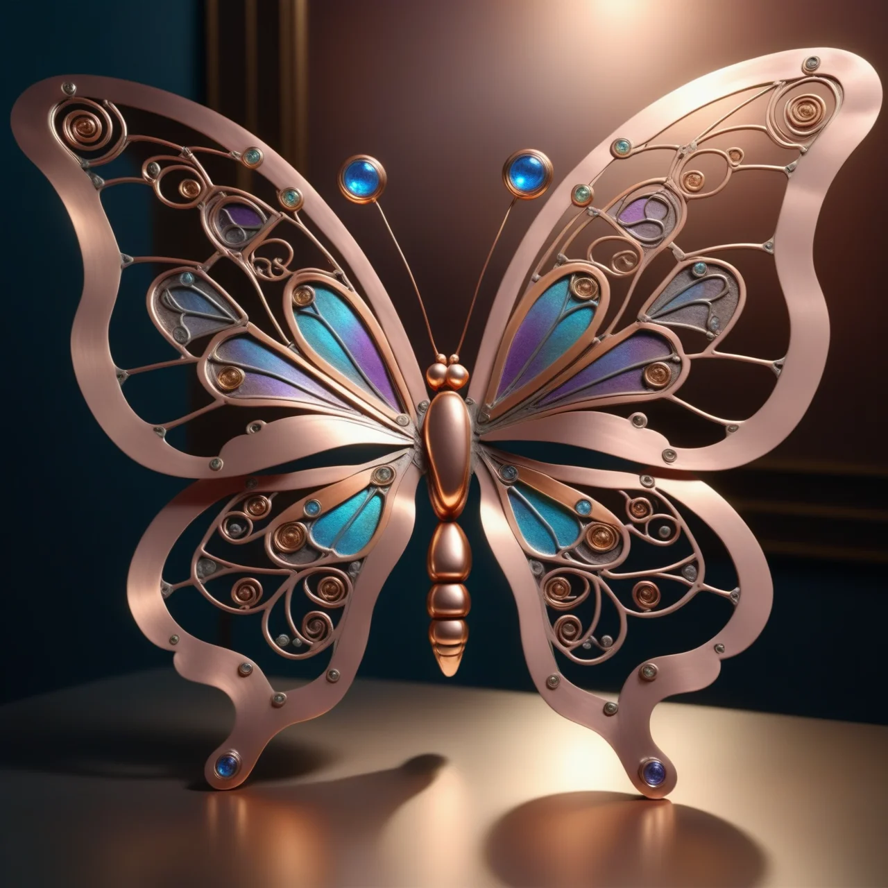 a butterfly made out of Jed-ANC, masterpiece, full of details, ambient light, sharp and in focus, <lora:ArtNouveauCopperStyle:0.7>
