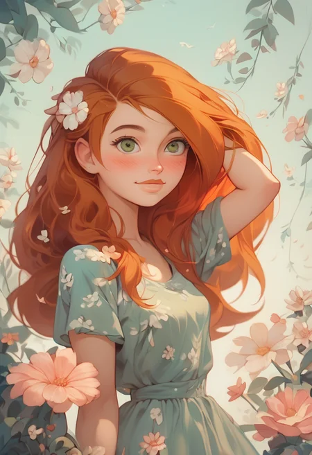 score_9, score_8, score_7 up, 1girl, kim possible, cute, beautiful eyes, soft smile, blush, fl0rald0lls, hand in hair, summer dress, pastel background, flowers, leaf, pink flower, white flower <lora:Floral Dolls Pony Style:0.8><lora:EnvyPonyPrettyEyes01:0.7> <lora:Kim_Possible:0.8>
