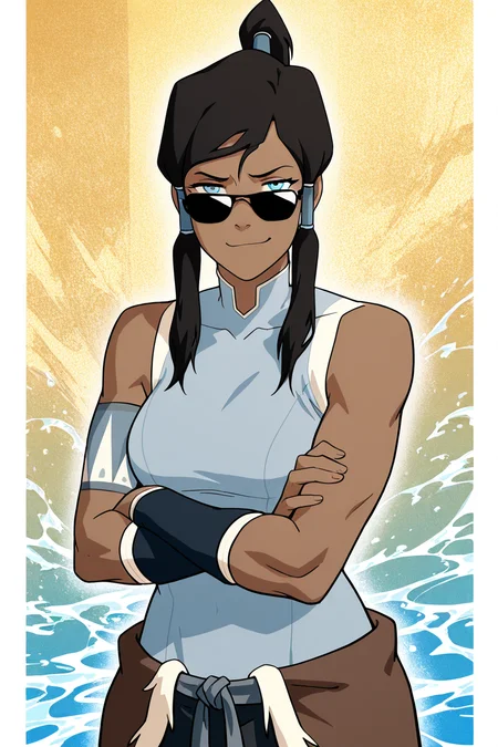 masterpiece, best quality, 1girl, solo, eyelashes, (beautiful eyes), aaKorra, (sunglasses, smug), black hair, ponytail, hair tubes, blue shirt, sleeveless, bare shoulders, armband, crossed arms, smile, looking at viewer, cowboy shot, water theme, abstract background, ,<lora:KorraStyleIXL:1.0>,
