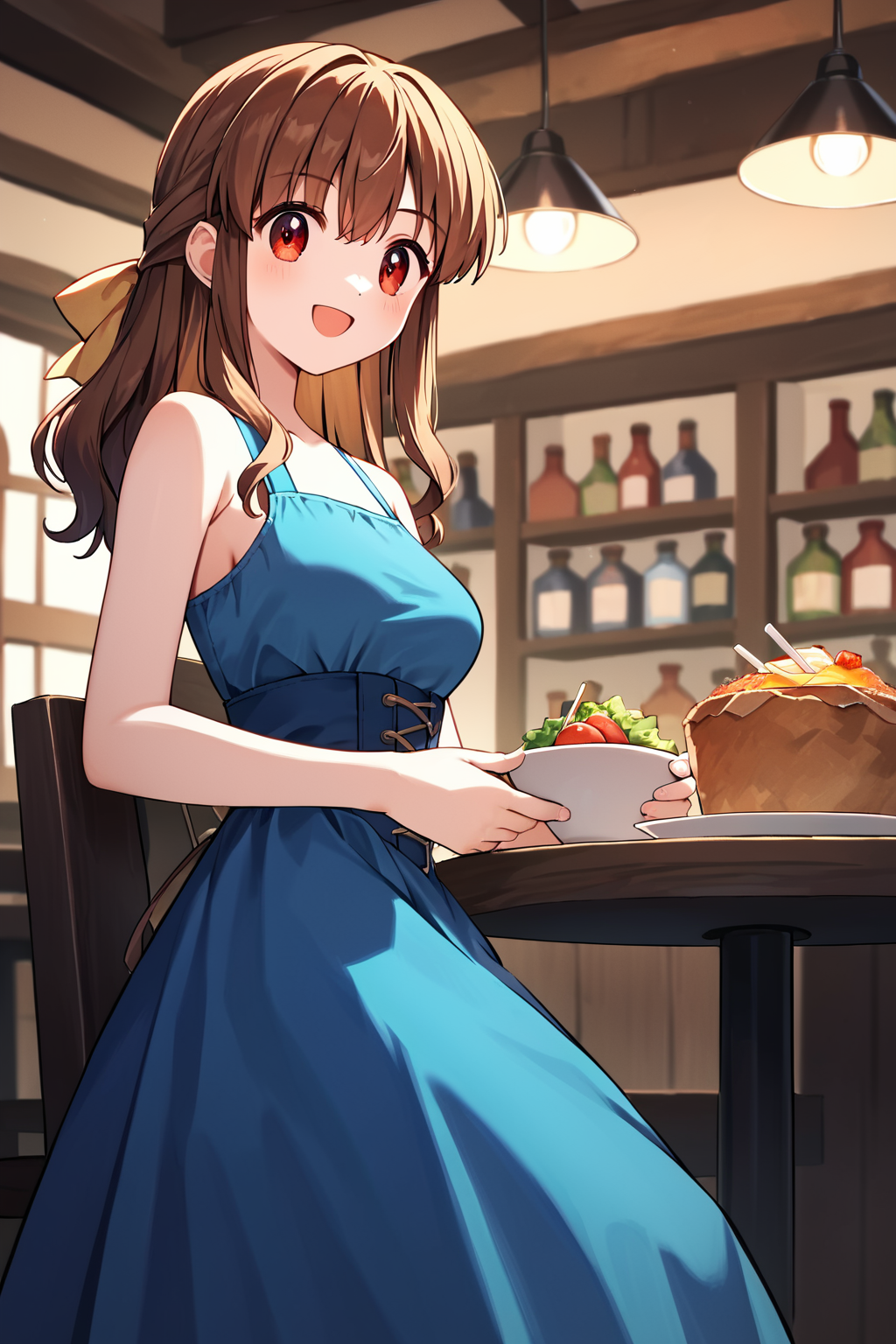 score_9, score_8_up, score_7_up, score_6_up, rating_safe, source_anime, best quality, masterpiece, detailed background, detailed eyes, (cowboy shot), restaurant, blue dress, (cute dress), smile, open mouth, from side view, crossed legs, looking away, <lora:nagamori-mizuka-xl-02:1.2>, nagamori, brown hair, red eyes, yellow_hair_ribbon, long sidelocks, medium breasts,