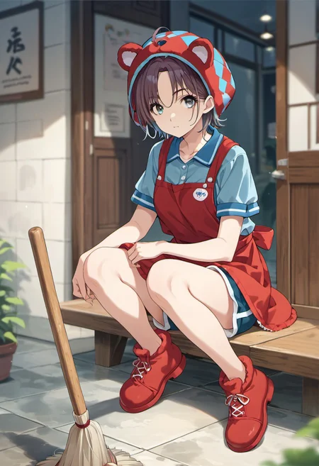 score_9, score_8_up, score_7_up, source_anime,asakura toru, short hair, brown hair, blue hair, blue eyes, 1girl, solo, animal costume, sitting, shorts, broom, blurry, red footwear, short sleeves, apron, ahoge, shirt, shoes