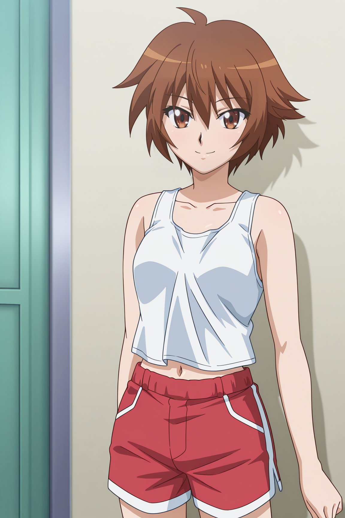 masterpiece, best quality, absurdres, highres, source anime, very aesthetic, very awa, BREAK, anime coloring, anime screencap,
<lora:swing_out_sisters_v1-illustrious_r1:1>, 1girl, chinatsu \(swing out sisters\), brown eyes, brown hair, short hair, ahoge, small breasts,
BREAK, looking at viewer, smile,
BREAK,   navel, midriff, tank top, red shorts,