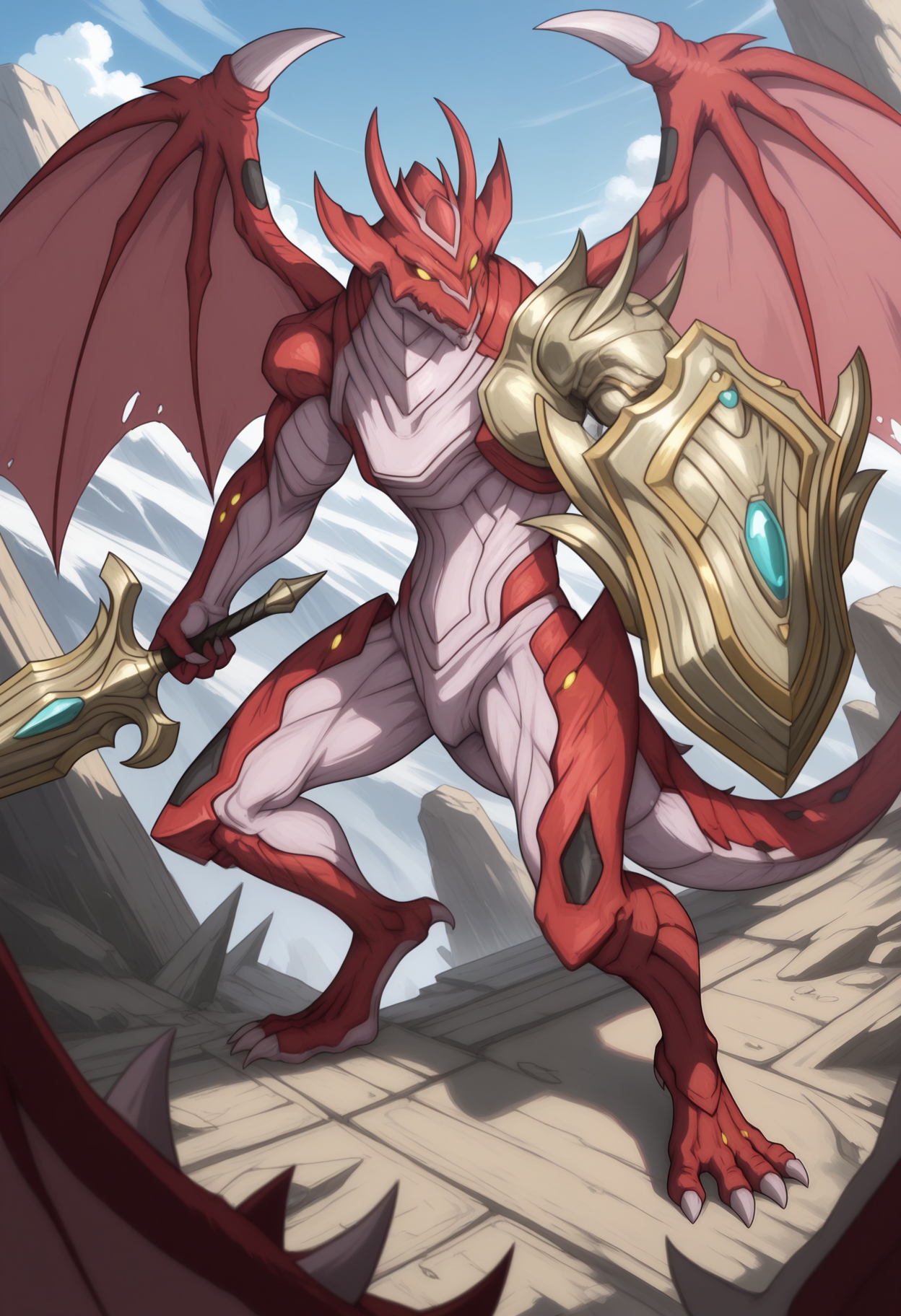 masterpiece,best quality,amazing quality, 1boy, solo, Dumj1d, dragon, red skin, colored sclera, no pupils, dragon wings, single pauldron, holding shield, shield, full body,