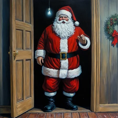 Horror-themed, <lora:Santa Claus:1.5>
Santa Claus a painting of a scary santa claus standing in a doorway in Christmas Eve, Eerie, unsettling, dark, spooky, suspenseful, grim, highly detailed