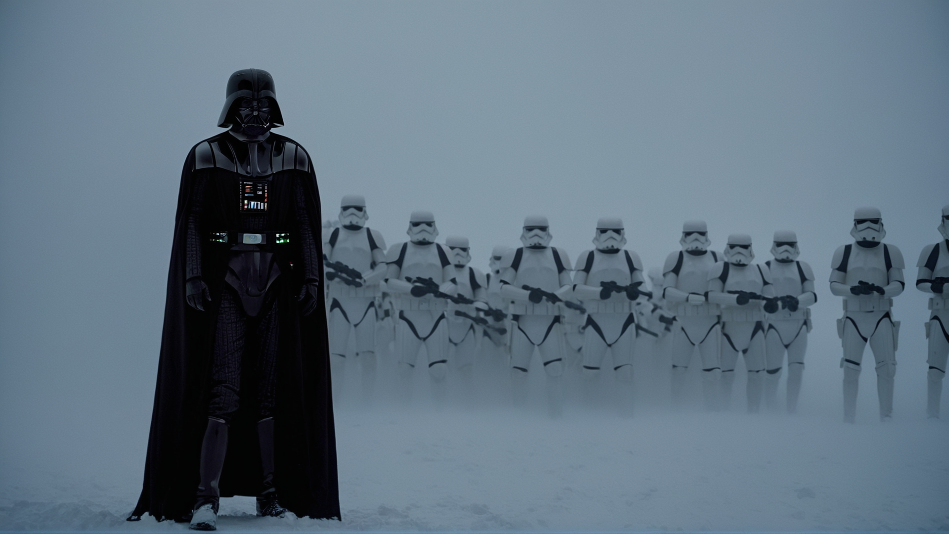 cinematic film still of  <lora:star wars style:0.2>
<lora:detailed:0.4> detailed
<lora:perfection style:0.4> perfect
<lora:PerfectEyesXL:0.5>
 <lora:Chiaroscuro Lighting Style:0.3>
 <lora:Hoth:0.9>
Hoth a man in a darth vader costume standing in front of a line of troopers,in star wars style,holding,weapon,male focus,multiple boys,belt,sword,cloud,cape,holding weapon,armor,gun,helmet,rifle,science fiction,6+boys,fog,energy sword,lightsaber, shallow depth of field, vignette, highly detailed, high budget, bokeh, cinemascope, moody, epic, gorgeous, film grain, grainy