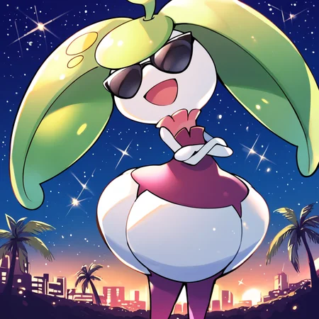 score_9_up, score_8_up, score_7_up, score_6_up, best quality, source_anime, blue background, detailed background, city, palmtrees, blue sky, stars, night, BREAK 1girl, solo, steenee, pokemon, flora fauna, green hair, long hair, white head, purple dress, purple legs, white skirt, white arms, wide hips, smile, open mouth, arms crossed, (black sunglasses, black shades:1.5), standing, cowboy shot, <lora:PDXL_Steenee_PKMN:1>