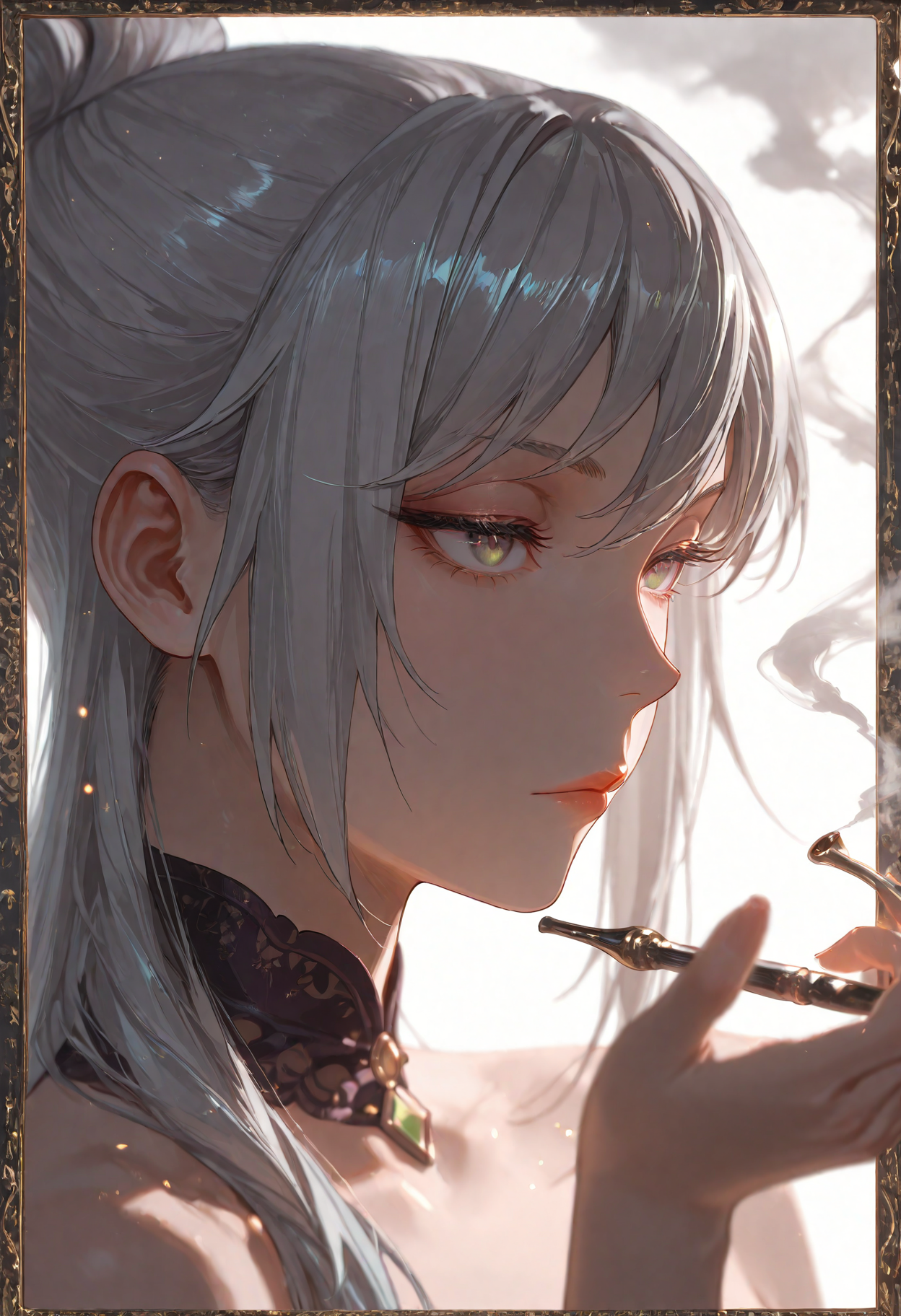1girl, Ye Liuli, grey hair, default hair, border,expressionless,flower,hand up,holding,holding smoking pipe, lace collar,portrait,smoke,smoking,smoking pipe,solo, white background,
(Smooth Quality - Illustrious:0.8), masterpiece,best quality,amazing quality, absurdres, (impressionism), ultra-HD, 8k, fit body, highest quality, volumetric lighting, (cinematic composition:1.3), (sharp focus:1.2), (depth of field:1.2), (adult), wide eyes, (mature female:1.2), very aesthetic, smooth image, action lines, motion lines, motion blur, (detailed face and eyes:1.3),
<lora:illustrious_quality_modifiers_masterpieces_v1:0.6>  <lora:ponyv4_noob1_2_adamW:0.4> <lora:FINALE:0.4>  <lora:I_Am_The_Fated_Villain:0.6> <lora:g0thicILL:0.4> <lora:USNR STYLE_XL_loha:0.3>