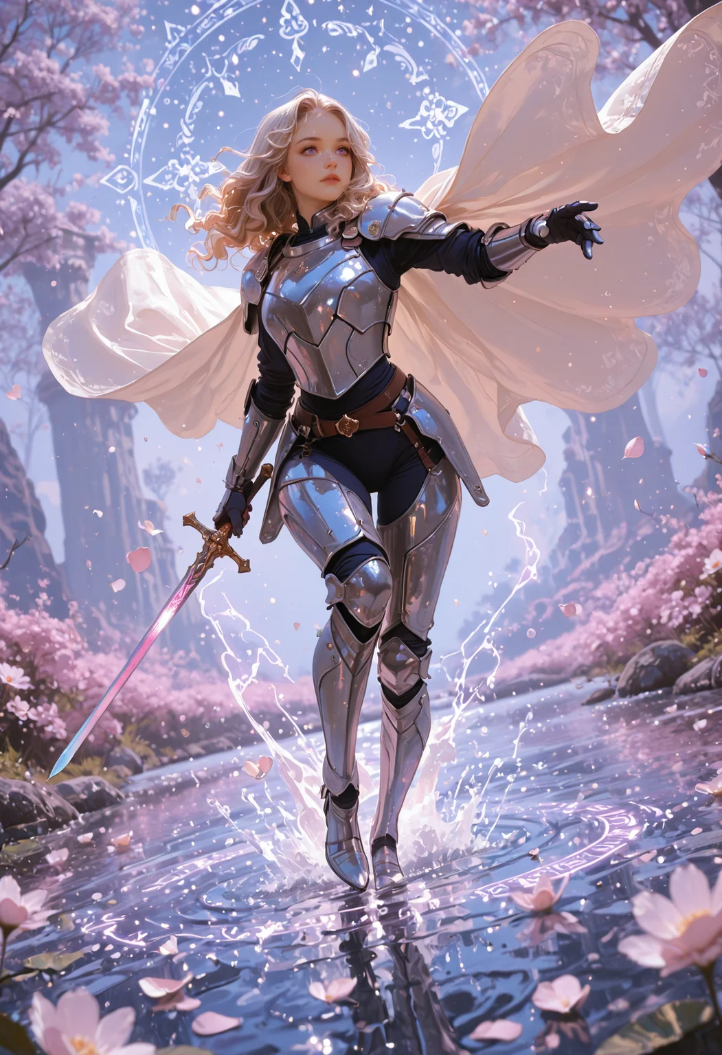 masterpiece, best quality,high quality, newest, highres,8K,HDR,absurdres, 1girl, solo, long wavy hair, heterochromia, purple eyes, enchanted sword, floating petals, silver armor, intricate patterns, ethereal glow, holding sword, armored gauntlets, high fantasy, flowing cape, standing on water, floral motifs, blue and gold palette, celestial symbols, moonlit background, misty environment, depth of field, dramatic lighting, mystical aura, detailed background, dynamic pose, foreshortening, fantasy illustration, glowing runes, limited palette, elegant battle stance, cinematic shot., detailed background, dynamic pose, dynamic composition,dutch angle, detailed background,foreshortening,blurry edges 
<lora:ppw_v7_animv4_1_r2:0.6> <lora:748cm_illu:0.6> 7481llu <lora:69yottea_illu_v2:0.4> <lora:illustrious_all_rated_v1:0.6> masterpiece, best quality, very aesthetic,  <lora:AIã¤ã©ã¹ããããã:0.6>