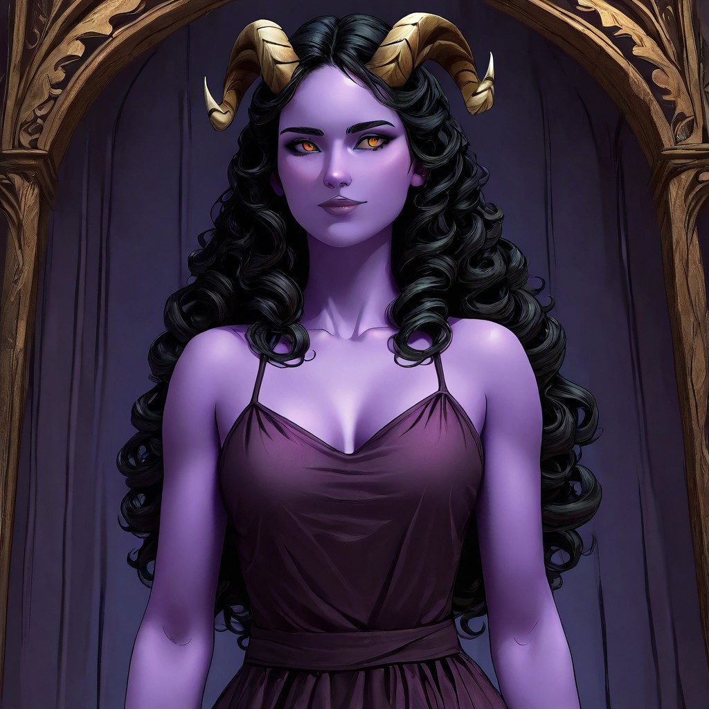 WolfAmongUSStyle-IL.V1.0, best quality, masterpiece, 1girl, purple skin, purple colored skin, black hair, long hair, curly hair, horns, demon horns, demon girl, dress, long hair,