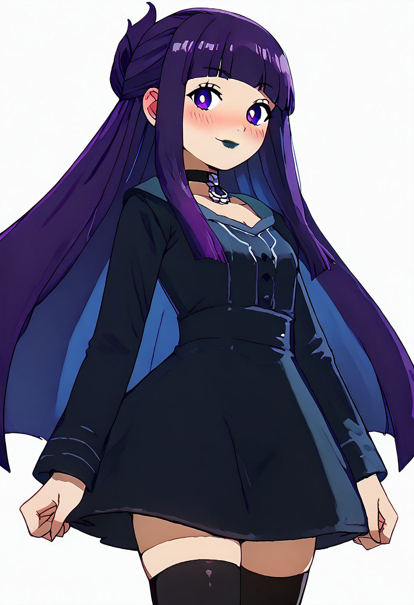 score_9, score_8_up, score_7_up, pretty girl, vivid bright colors, 
patFern, long hair, bangs, purple eyes, purple hair, sidelocks, blunt bangs, bright pupils, half updo, goth, black lipstick, choker, dyed hair, tight dress, thighhighs, fishnet,
 blush, looking at viewer, cowboy shot, dutch angle, solo,
 smile, blush,
