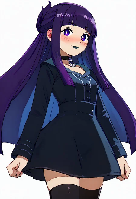 score_9, score_8_up, score_7_up, pretty girl, vivid bright colors, 
patFern, long hair, bangs, purple eyes, purple hair, sidelocks, blunt bangs, bright pupils, half updo, goth, black lipstick, choker, dyed hair, tight dress, thighhighs, fishnet,
 blush, looking at viewer, cowboy shot, dutch angle, solo,
 smile, blush,