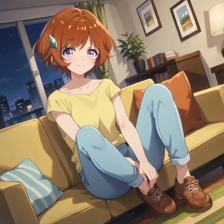 masterpiece, best quality, score_9, score_8_up, score_7_up, full body, 1 girl, looking at viewer, cowboy shot, dutch angle, indoors, sitting on couch, living room, night, blush, smile, Anz, brown hair, short hair, hair ornament, purple eyes, collarbone, yellow shirt, blue pants, brown shoes
