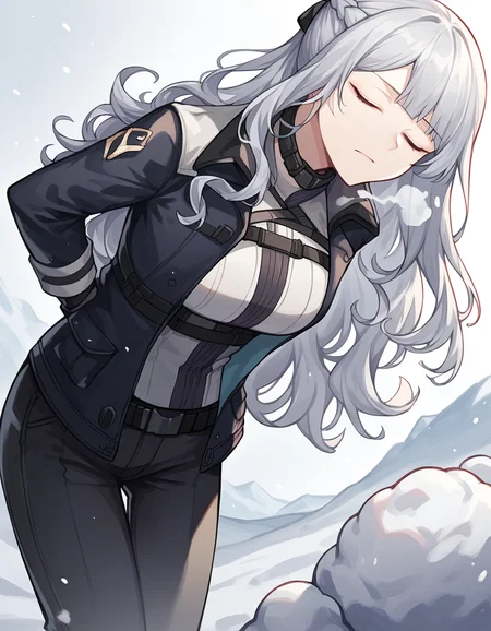 score_9, score_8_up, score_7_up, source_anime, <lora:girlsfrontline-ak-12-ponyxl-lora-nochekaiser:1>, ak-12, ak-12 (girl's frontline), closed eyes, grey hair, long hair, bangs, pale skin, straight hair, curly hair, braid, french braid, sidelocks,, belt, black gloves, black jacket, black pants, collar, gloves, jacket, jacket on shoulders, long sleeves, open clothes, open jacket, pants, underbust,, snow day, winter clothes, snowball fight, laughter, cold breath, white landscape, , hands behind back, bent over,, looking at viewer, solo,, dutch angle, cowboy shot