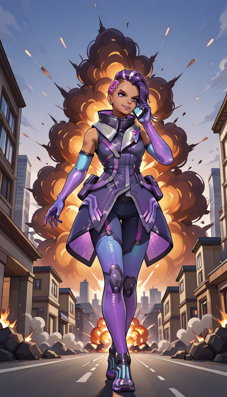 sombra1x, hackoutfit, talking on phone, walking away building, explosion, fire, smoke <lora:Sombra_ILL:1>
