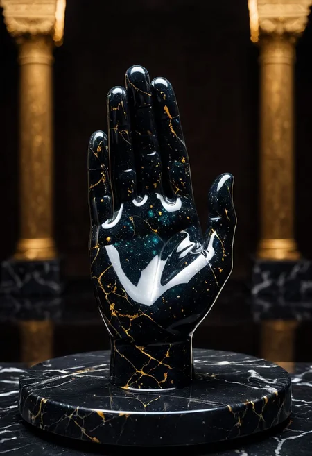 Fujifilm XT3, Sony A7 IV, (award winning photography) a (black: 0.89) marble (real Human hand: 1.35) made of opal (Kintsugi: 0.89) set on a pedestal in temple, glistening. in the background beautiful pillars, divine (iridescent: 0.79), opalescent textures, volumetric light, ethereal, sparkling, studio photo, highly detailed, sharp focus (highest quality: 1.39) (highest coherency: 1.39) (award winning photography), highly detailed photography, (muted colors, cinematic, dim colors, soothing tones:1.2), vibrant, insanely detailed, hyperdetailed, (dark shot:1.2), (vsco:0.3), (intricate details:0.9), (hdr, hyperdetailed:1.2) (vignette), sss, raw photo, fijifilm, kodak, cinematic film grain