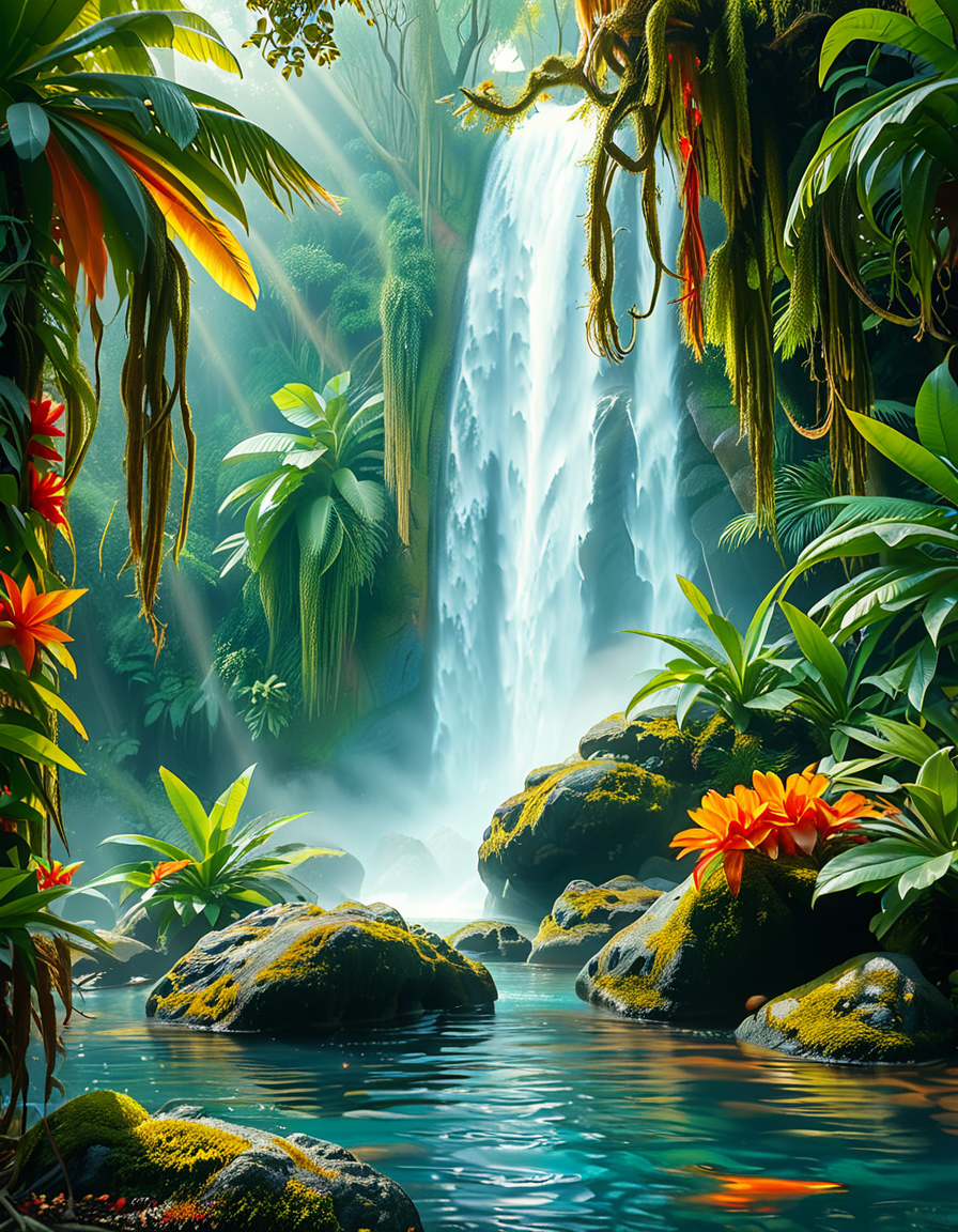 A stunning and tranquil view of a jungle waterfall cascading down smooth, moss-covered rocks into a crystal-clear pool below. The scene is surrounded by dense, lush greenery, with towering tropical trees and vibrant, oversized ferns creating a natural canopy that filters sunlight into dappled patterns on the forest floor. Brightly colored flowers in shades of red, orange, and purple add splashes of color among the greenery, while vines and roots wind their way around the rocks and trees. Mist rises from the base of the waterfall, catching the sunlight and creating a soft, ethereal glow, with a faint rainbow visible in the spray. Exotic birds with iridescent feathers can be seen perched on branches, and the faint sound of distant animal calls adds to the sense of a thriving, untouched paradise. The overall atmosphere is serene, magical, and vibrant, capturing the untamed beauty of nature.<lora:SDXLFaeTastic2400:0.4> <lora:extremely_detailed:0.4> extremely detailed, <lora:Jungle_w4t3rf4ll:1>,Jungle w4t3rf4ll, Masterpiece,best quality,hi res,8k,hi res,8k,award winning,(sharp focus, intricate, highly detailed),
