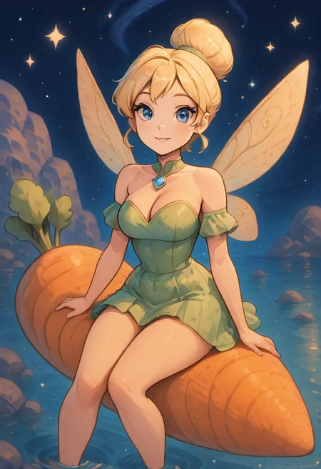 masterpiece, best quality, 1girl, solo, eyelashes, (beautiful eyes), smile, looking at viewer, C4rr0tR1d3r, sideways, sitting, feet out of frame, night, starry sky, large breasts, <lora:C4rr0tR1d3r_IXL_v1:1.0>, TinkerWaifu, magic particles, fairy wings, blue eyes, green dress, hair bun, <lora:TinkerbellIllustrous:0.8>, magic forest, lake, ripples, k4w4iim1r41, pastel, <lora:KawaiiMirai_IXL:0.6>,