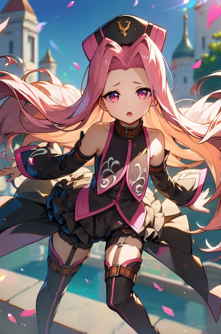 score_9, score_8_up, score_7_up, very aesthetic, source_anime, detailed, high quality, beautiful, masterpiece, detailed eyes,
<lora:lightXL:0.8>
city view, blurry background,
<lora:action-sdxl-V0.5:1>zdyna_pose
dynamic angle, upper body, close up,
dynamic pose, sad, open mouth, full body,
<lora:arietta_autismConfetti_v01:0.99>flat chest,
1girl, arietta \(tales\), black headwear, pink hair, pink eyes, garter straps, thighhighs, thigh boots, very long hair, zettai ryouiki, detached sleeves, parted hair, frills, black dress,, zPDXL