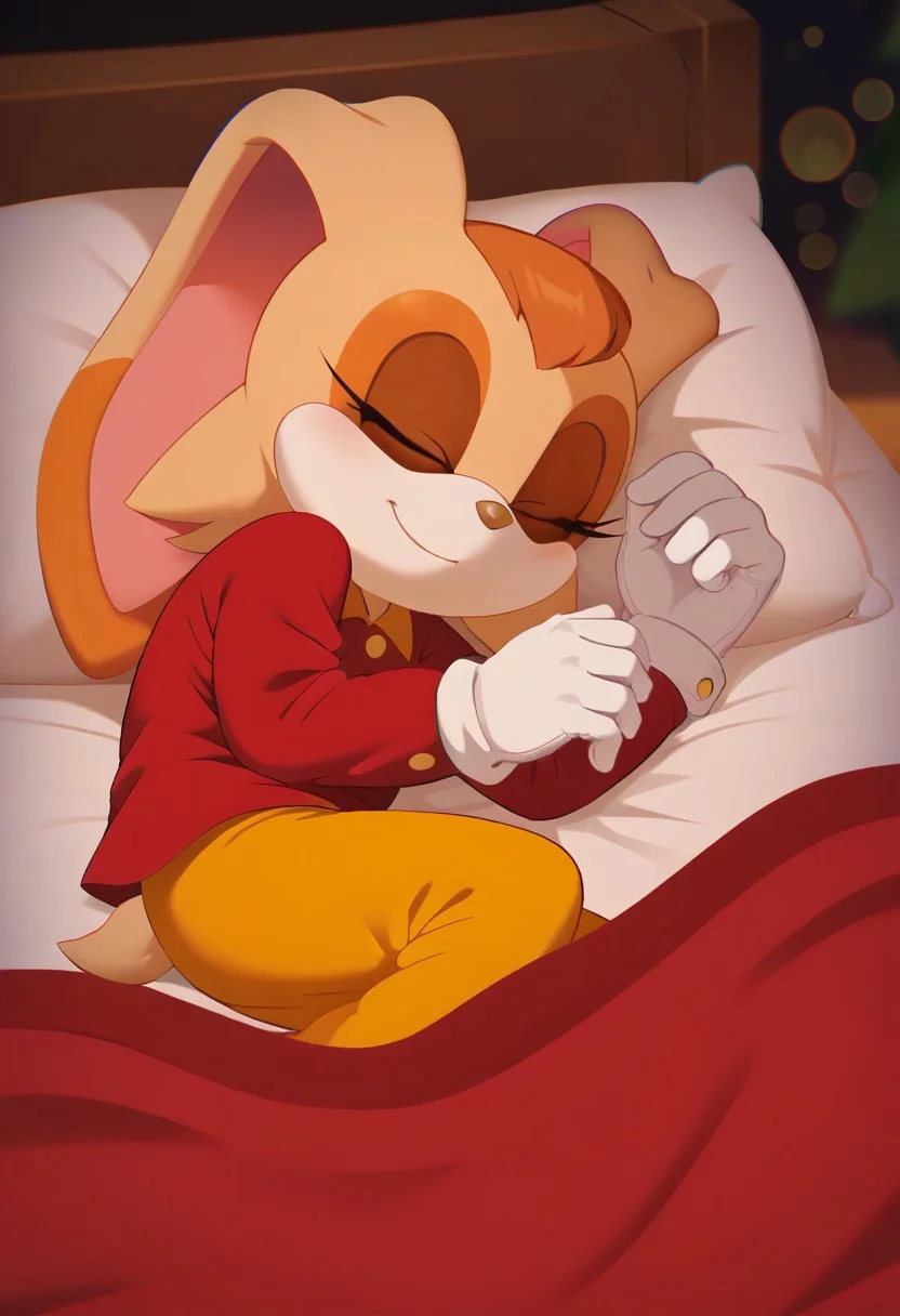 score_9, score_8_up, score_7_up, bokeh, flat colors, lineless, vector art, vector graphics, z0nkp4nch, cute, Sonic, white gloves, Cream the Rabbit, pajamas, lying on side, bed, happy, eyes closed, sleeping,
