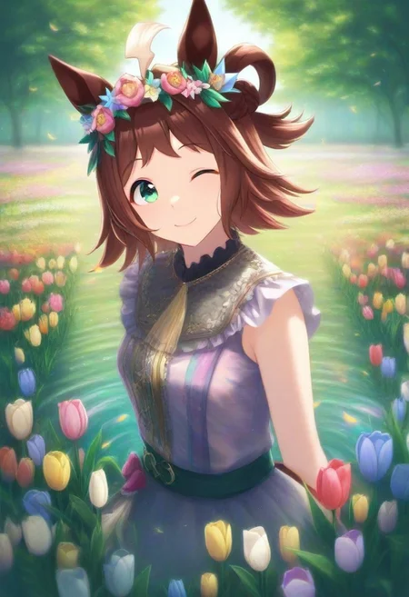 (umamusume, rhein_kraft_(umamusume), horse_ears, horse_girl, tail, 1girl, ahoge, animal_ears,)
casual, Tulip,Tulip flower, Tulip flower_field,
head_wreath, looking_at_viewer, solo, aesthetic, absurdres, symmetric , , g0ldsw0rthy,
(realistic, photo, artistic, medium_hair, one_eye_closed, petals, relaxing, smile, spiralling vortex made of multicoloured tulips, lush foliage sunrise, ripples, reflective, jaynl-tm, rainbow,green_eyes, hair_between_eyes, hair_ornament, : 0.7)