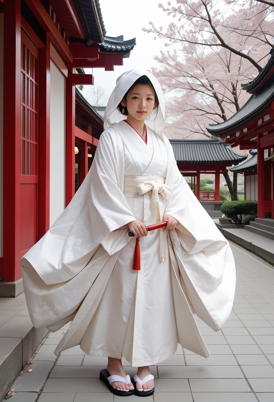 score_9,score_8_up,score_7_up,8k,,ruanyi0721,bride,white kimono,hood up,japanese clothes,east asian architecture,hood,tabi,<lora:0721 Shiromuku_v1_pony:1>