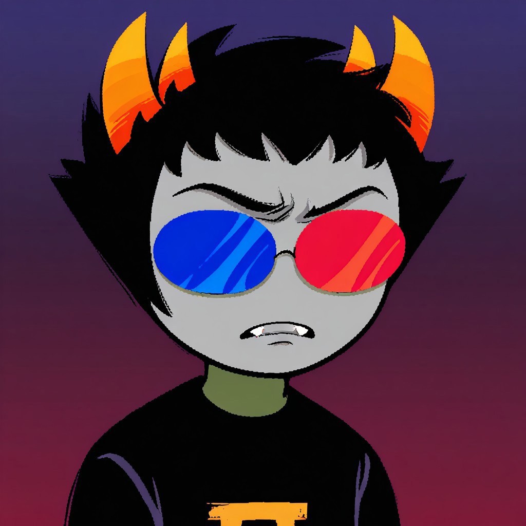 1boy, solo, male focus, headshot, scruffy, (looking over glasses), Sollux Captor, grey skin, black hair, short hair, horns, fangs, red and blue glasses, sunglasses, colored sclera, heterochromia, unamused look, grumpy look, masterpiece, best quality, amazing quality, very aesthetic, absurdres, newest