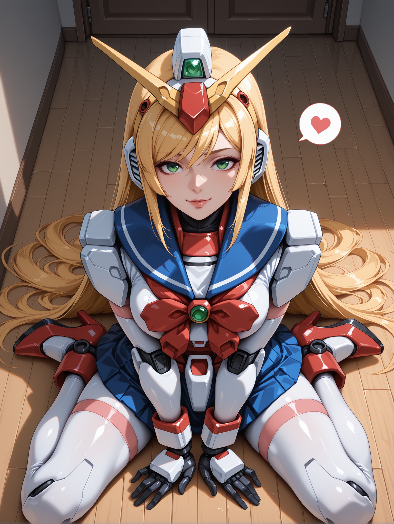 embedding:lazypos, perfect anatomy, anime coloring, anime screenshot, <lora:spo_sdxl_10ep_4k-data_lora_webui:1>, <lora:Latex_MBA_style:1>, 
BREAK
<lora:Nobel Gundam-IL:1>, nobel gundam, gf13-050nsw, 1girl, solo, robot, mecha, green eyes, cute face, long hair, blonde hair, v-fin, red bow, bow, high heels, blue sailor collar, sailor collar, detailed body, <lora:handPatchUnet:1>, detailed_hands, elegant_fingers, (cute:1.2), (sexy:1.2), balanced figure, perfect anatomy body, 
BREAK
from above, full body, dynamic_angle, facing viewer, looking at viewer, spoken heart, sexy pose, arm support, spread legs, v arms, sitting on floor, indoors, wooden floor