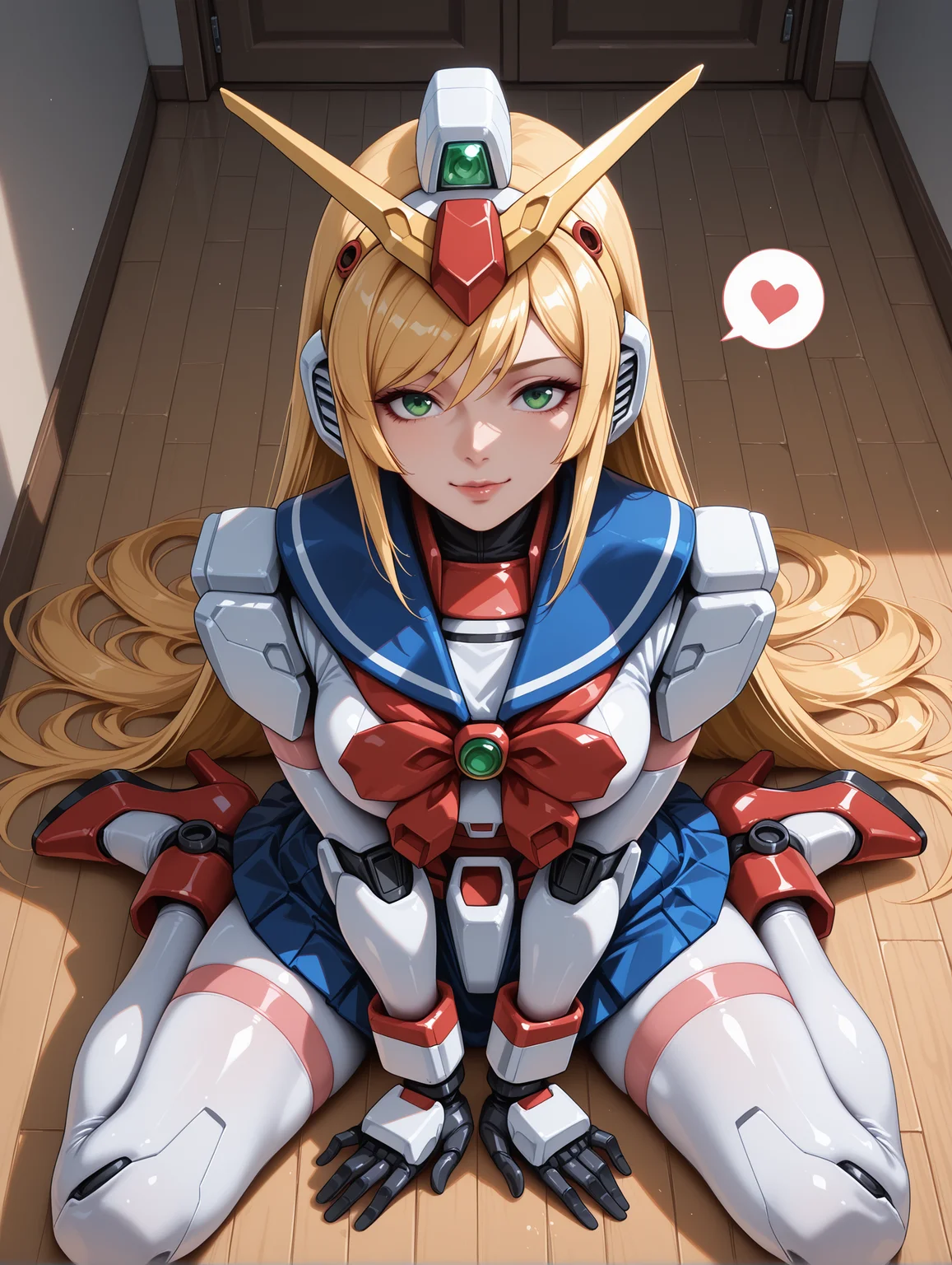 embedding:lazypos, perfect anatomy, anime coloring, anime screenshot, <lora:spo_sdxl_10ep_4k-data_lora_webui:1>, <lora:Latex_MBA_style:1>,
BREAK
<lora:Nobel Gundam-IL:1>, nobel gundam, gf13-050nsw, 1girl, solo, robot, mecha, green eyes, cute face, long hair, blonde hair, v-fin, red bow, bow, high heels, blue sailor collar, sailor collar, detailed body, <lora:handPatchUnet:1>, detailed_hands, elegant_fingers, (cute:1.2), (sexy:1.2), balanced figure, perfect anatomy body,
BREAK
from above, full body, dynamic_angle, facing viewer, looking at viewer, spoken heart, sexy pose, arm support, spread legs, v arms, sitting on floor, indoors, wooden floor