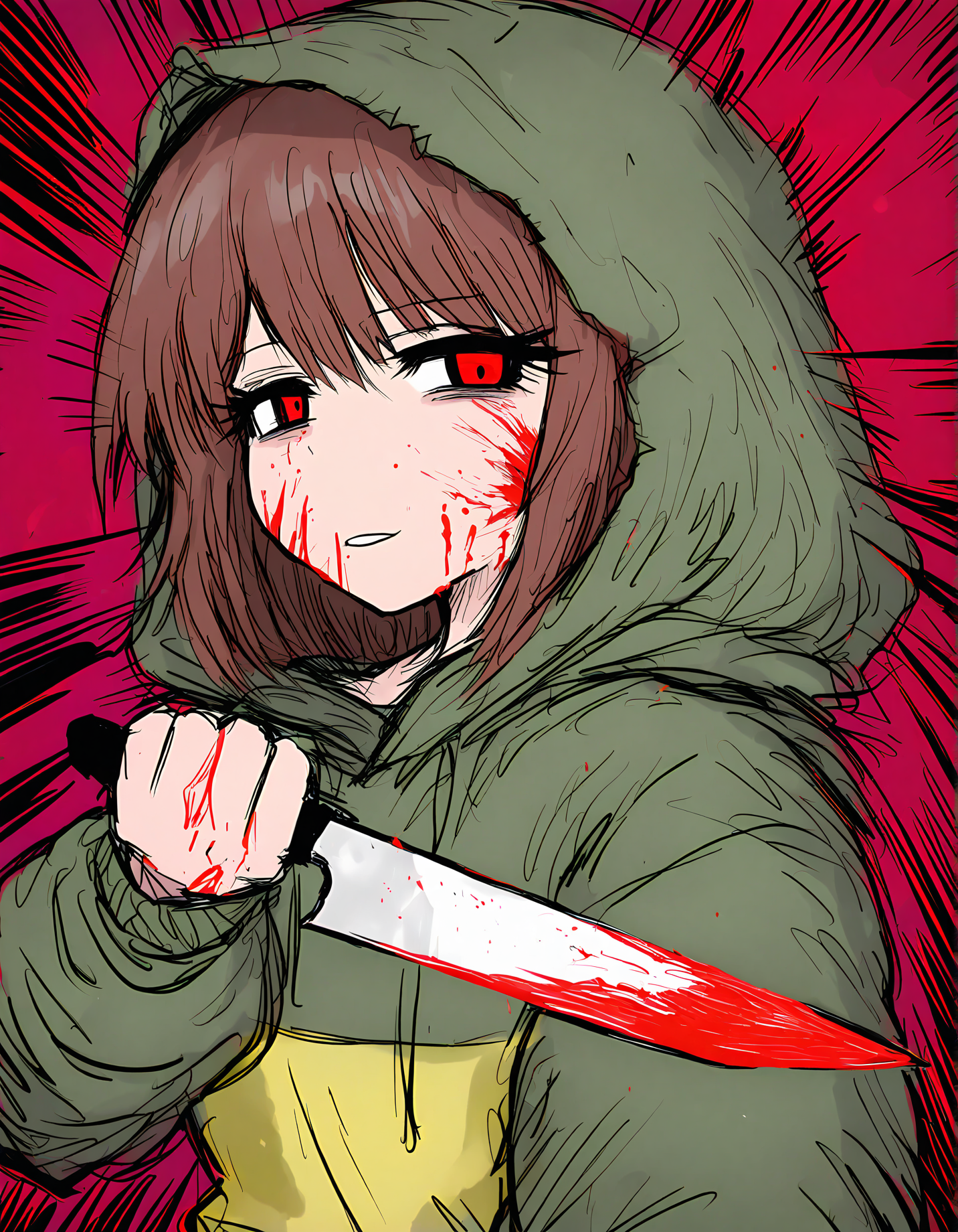 sushi yuusha toro, 1girl, chara \(undertale\), blood on face, holding knife, blood on knife, green hoodie,
very awa, masterpiece, best quality, year 2024, newest, highres, absurdres, <lora:black-souls-style-noobai-epspred11:1>
