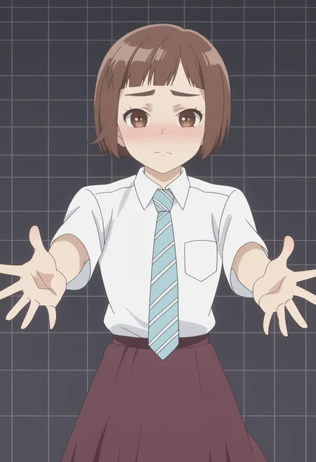 score_9, score_8_up, score_7_up, anime screencap, BREAK, 1girl, solo <lora:DX888Kazusa:1> onodera kazusa, brown eyes, brown hair, thick eyebrows, bob cut, micro bangs, school uniform, long skirt,  necktie, BREAK
 drunk,  nose blush,  bubbles,, dark gray background, simple background, grid background,,  Reaching out with both hands