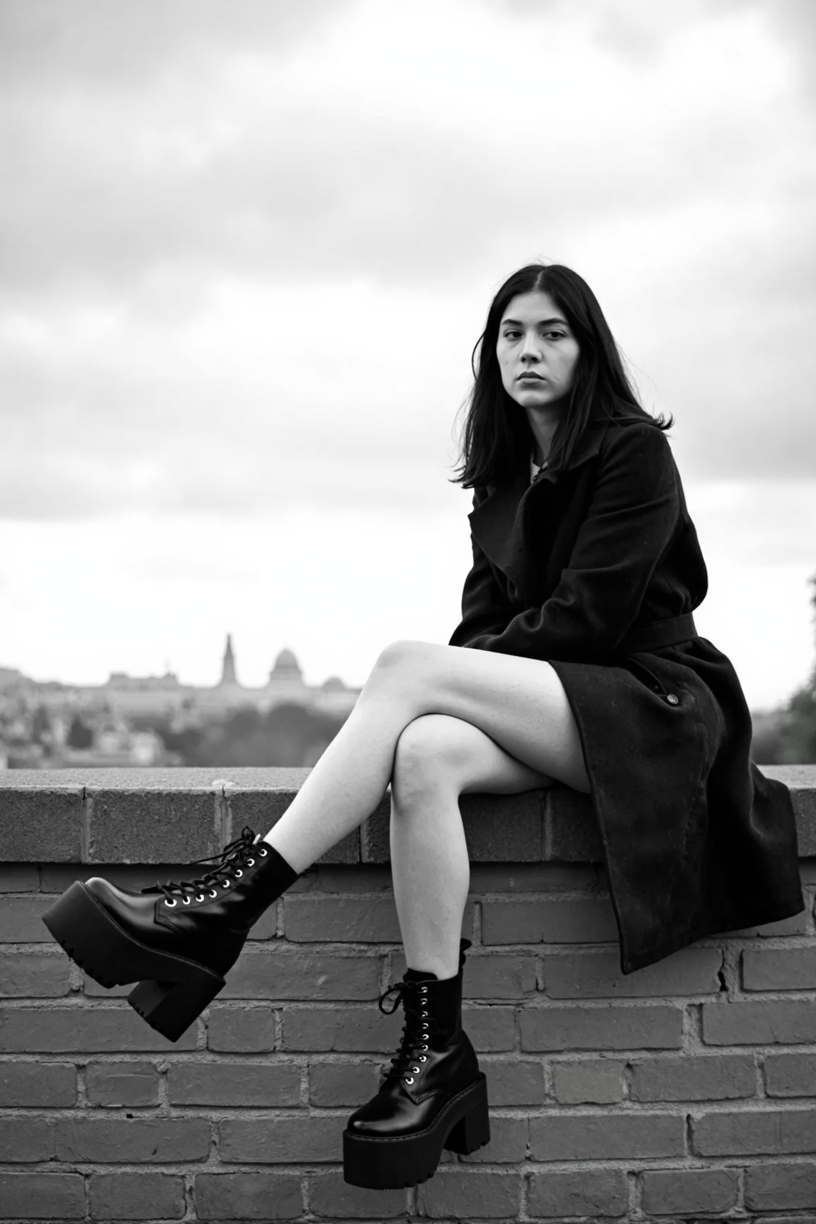 sony_a7III professional style photo, Black and white photo of a young woman sitting on a brick wall, legs extended out in front of her, black platform combat boots prominently in the foreground. She has light skin, long black hair, and is wearing a dark trench coat. She has a slender build and a relaxed, introspective expression. The background shows a cloudy sky and a distant cityscape. The lighting is natural, with soft shadows. The camera angle is low, looking up at her. shallow depth of field, background slightly blurred
