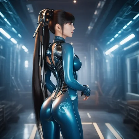 cinematic photo a asian busty woman with long ponytail in a tight blue futuristic bodysuit, ass <lora:Eve-StellarBlade1024:0.8> . 35mm photograph, film, bokeh, professional, 4k, highly detailed