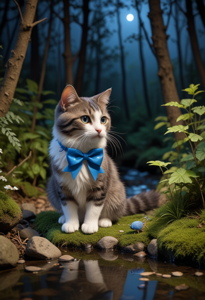 (medium full shot) of (mysterious cat), mixed fur, patched, blue, bow,  set in  a quiet forest with a babbling brook, chirping birds, and a peaceful ambiance, at night, while stalking a toy mouse, Masterpiece,best quality, photo, realistic, very aesthetic,