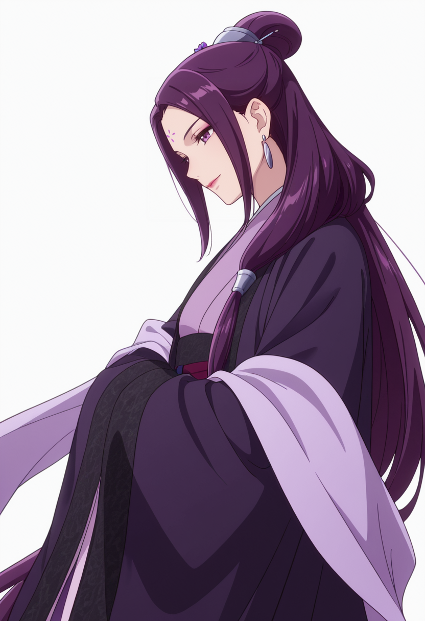 Smooth Quality,masterpiece,very intricate, high quality details, ultra realistic, high detailed skin,detailed enviorement,absurdres,
simple background, white background,solo,
from side,light smile,dancing, 
 <lora:Ah-Duo_CNR:0.8> ha_duo_cnr, 1girl, purple hair, long hair, purple eyes, forehead mark, single hair bun,hanfu, chinese clothes,kimono, robe, sash, shawl, long sleeves, wide sleeves,earrings,makeup, lipstick