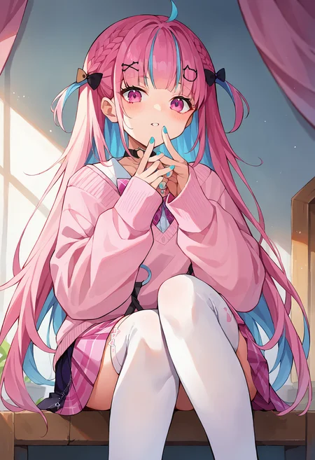 score_9, score_8_up, score_7_up, uncensored, source_anime, 1girl, <lora:spminatoAquaXLPony:1> aquauni, x hair ornament, hairclip, hair bow, black bow, black choker, o-ring choker, plaid bowtie, pink bow, pink cardigan, pink sweater, pink skirt, pleated skirt, plaid skirt, miniskirt, white thighhighs, cat ear legwear, nail polish, blue nails