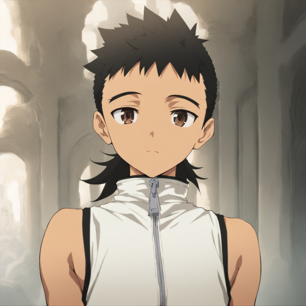 solo,looking at viewer,upper_body,portrait,masterpiece,high score,great score,absurdres,<lora:Kenshi_Masaki ag4o v1:1> 1boy, kenshi_masaki, black hair, ponytail, brown eyes,sleeveless,white shirt,