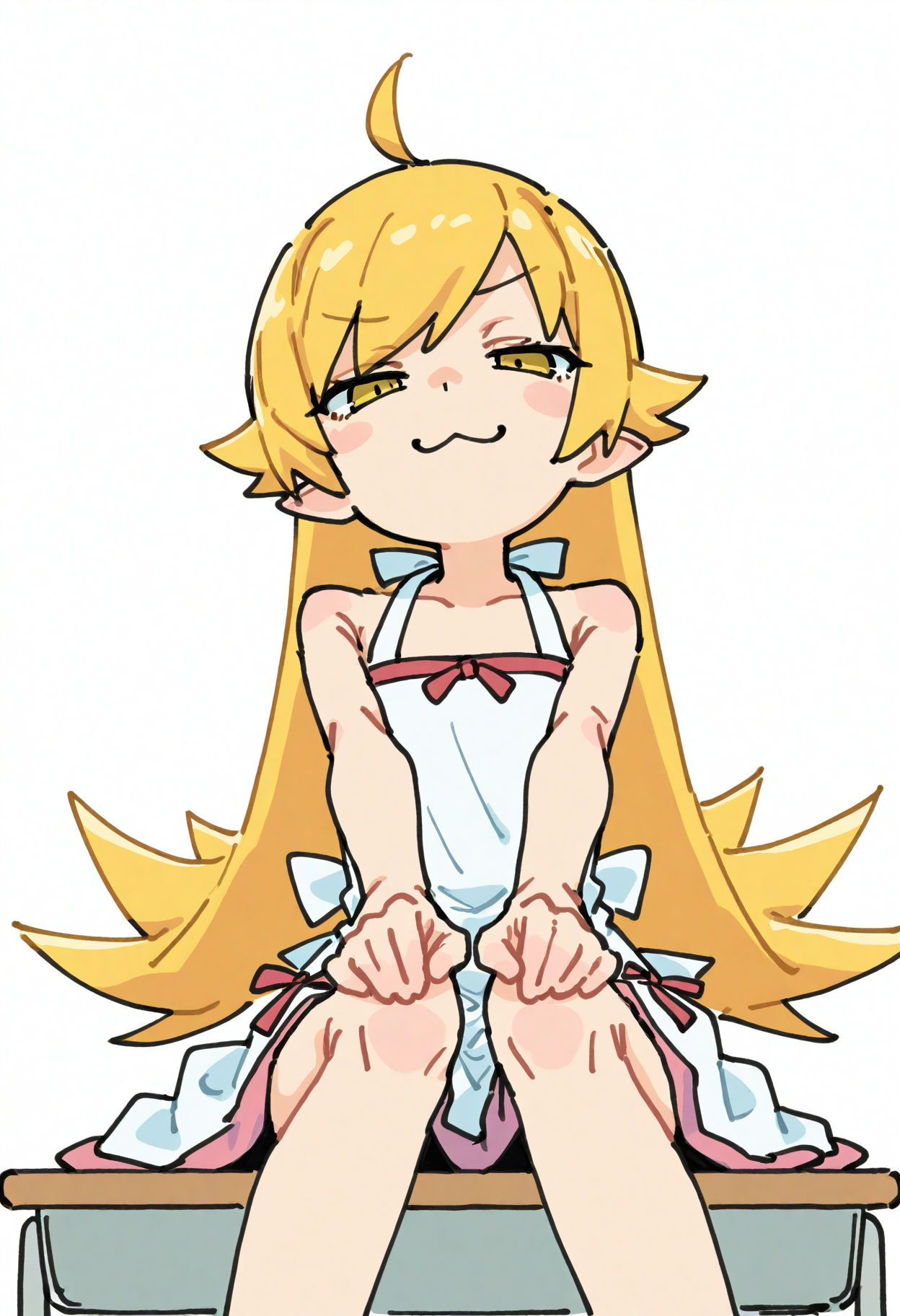 masterpiece, best quality, good quality, very awa, oekakischizo,
1girl, oshino shinobu, mesugaki, ahoge, blonde hair, yellow eyes, \:3, dress, white background, sitting, on desk, hands on own knees,
<lora:ai_styles_collection_noob_eps-1.1_v3.1:1>