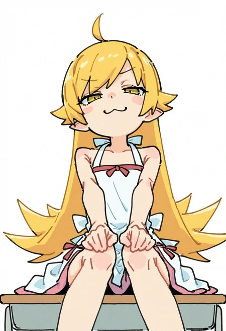 masterpiece, best quality, good quality, very awa, oekakischizo,
1girl, oshino shinobu, mesugaki, ahoge, blonde hair, yellow eyes, \:3, dress, white background, sitting, on desk, hands on own knees,
<lora:ai_styles_collection_noob_eps-1.1_v3.1:1>