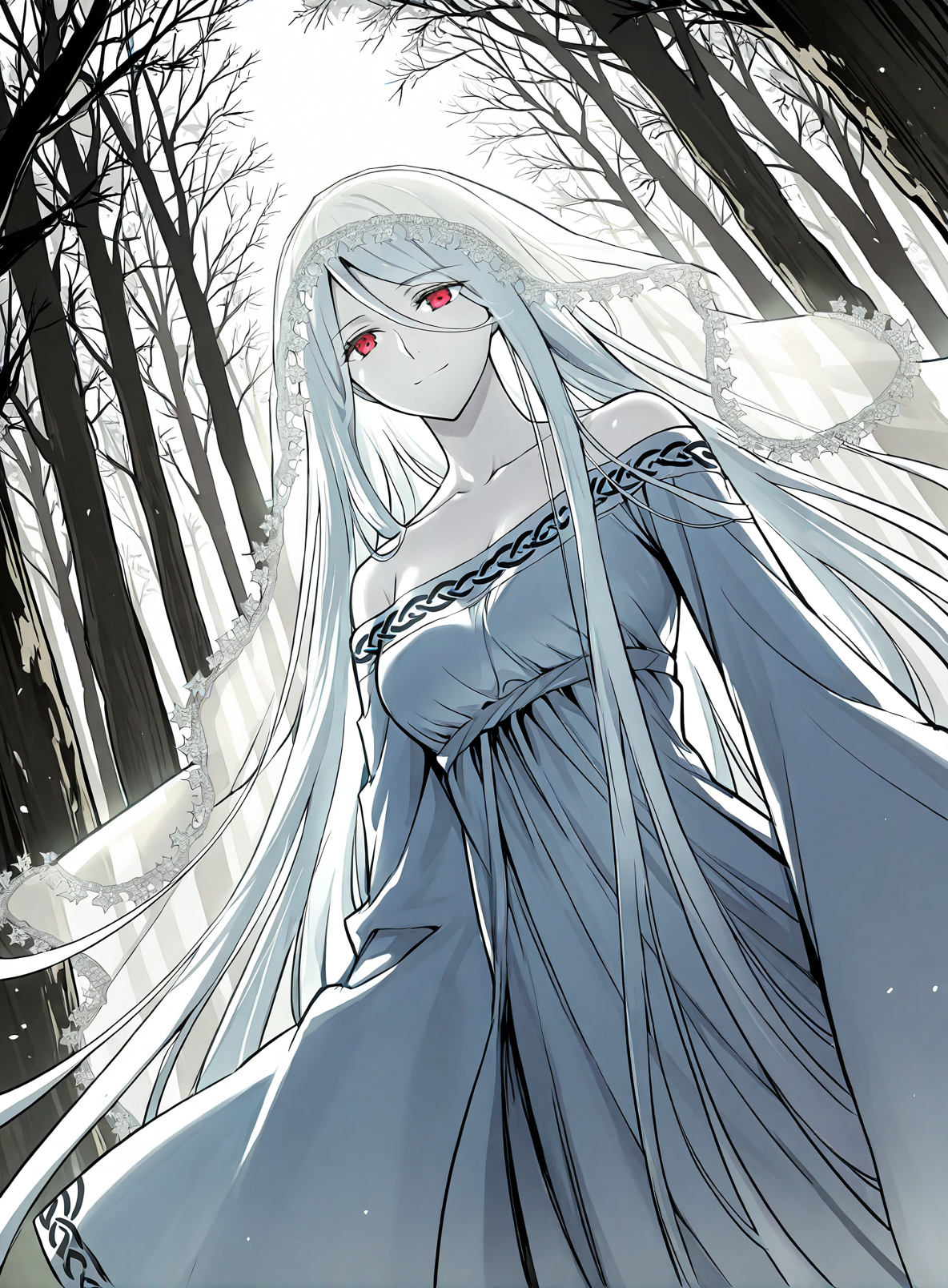 <lora:Yuridika__Doom_Breaker__Illustrious:1>
1 girl, red eyes, pale skin, hair between eyes, white hair, very long hair, bangs
white dress, veil, collarbone, wide sleeves, long sleeves, bare shoulders,
score_9, score_8_up, score_7_up, very aesthetic, source_anime, detailed, high quality, beautiful, masterpiece, detailed eyes, forest, tree, ruins, cowboy shot, dynamic angle, upper body, light smile, dynamic pose