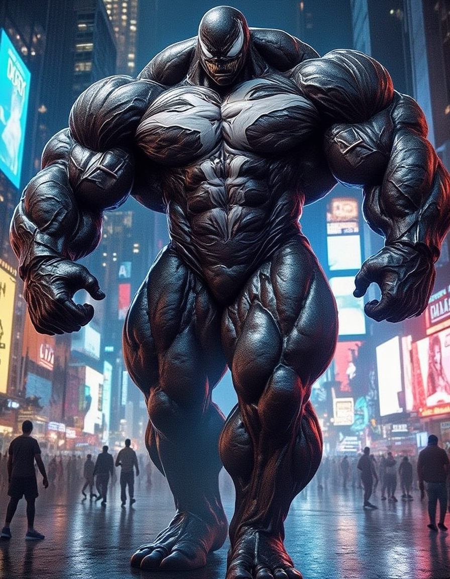 Venom walks through Times Square at night,muscular bodybuilder,hyper muscle,huge muscle,thick limbs,thick thighs,thick arms,Monster muscles,detailed veiny muscles,fluxbodybuilder