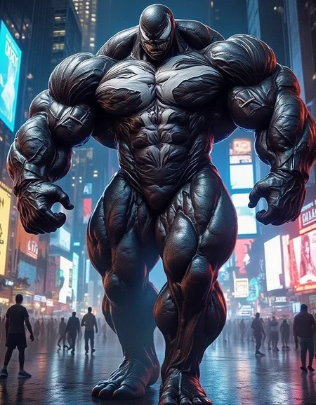 Venom walks through Times Square at night,muscular bodybuilder,hyper muscle,huge muscle,thick limbs,thick thighs,thick arms,Monster muscles,detailed veiny muscles,fluxbodybuilder