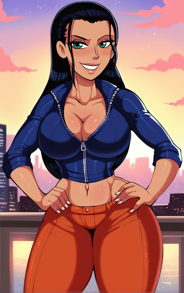 score_9, score_8_up, score_7_up, BREAK 
PONYXL_Shadman_ownwaifu, 
 nico robin 
1girl, large breasts, long hair, jewelry, cleavage, smile, dark-skinned female, thick thighs, 
(contrapposto, hand on hip), sunset, sidelighting, cityscape, vanishing point, outdoors, <lora:PONYXL_Shadman_ownwaifu:1> , depth of field, solo,