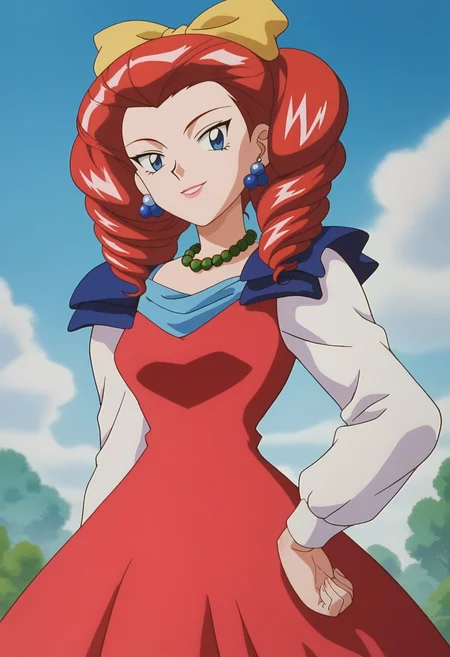 score_9, score_8_up, score_7_up, score_6_up, anime screencap, anime coloring, <lora:PMJessebelle_epoch_7:0.8>, PMJessebelle, blue eyes, red hair, drill hair, yellow bow, hair bow, earrings, lipstick, pink lips,
pearl necklace, red dress, shoulder pads,
smile, looking at viewer, cowboy shot, hand on own hip, 
BREAK day, sunlight, outdoors,
