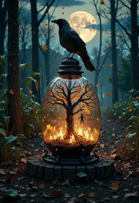 In a desolate cornfield, with the remnants of dry, brittle stalks swaying in the brisk autumn wind. A glass lantern in pumpkin shape, perched on a dark, leaf-strewn forest floor, glowing warmly amidst a misty, shadowy landscape. It clearly remenbers a jack-o'-lantern. Inside the lantern, a gnarled tree is intricately crafted, its branches reaching upward while soft orange and yellow hues from it's flames illuminate the scene. Hanging on the tree a scarecrow burns. The background features tall, dark trees with a faint mist swirling around, while scattered yellow and orange leaves fall gently, creating an ethereal and enchanting mood. The atmosphere is both magical and slightly eerie, embracing a hyperrealistic aesthetic with rich details and contrasting dark and warm colors. It is inside of a floating circle of green fire. The full moon has clouds around it. A Big crow sits on top. A single huge Jack-o'lanterns at the background.<lora:Flux/MysticRealismS.safetensors:1.0:1.0>