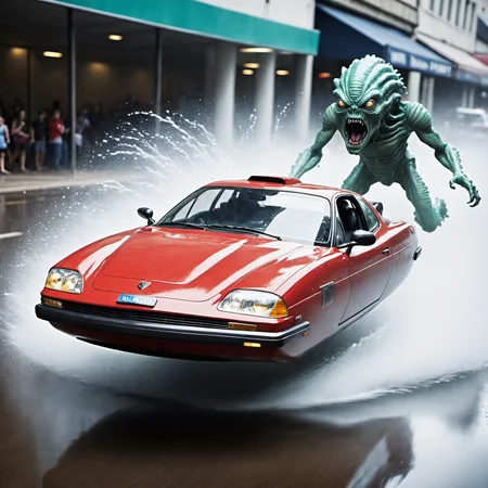 photo of hovercar chased by sprinting (alien monster:1.8), nowheels, science fiction, scifi, high-speed cinematic, splashing water, raining <lora:No.Wheels:1>, depth of field, motion blur, (zoom blur:1.2) terrified driver