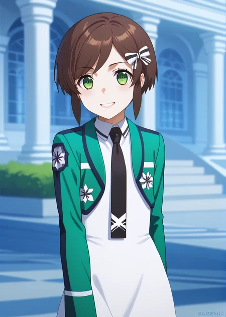 score_9, score_8_up, score_7_up, score_6_up, rating_explicit, source_anime, cinematic shadow, cinematic light, cute and sensitive, soft skin, characters focus, detailed eyes, detailed skins, <lora:StS_age_slider_v1_initial_release:-1>, <lora:StS_detail_slider_v1:3> , <lora:Saegusa_Kasumi:1> kasumi,bangs, brown hair,short hair with long locks, hair bow, green eyes,cowboy shot, smile, 1girl,school uniform, sleeveless white dress, black necktie, green jacket