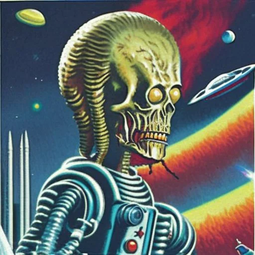 a portrait painting an alien in a space suit with a ray gun in the style marsattacks