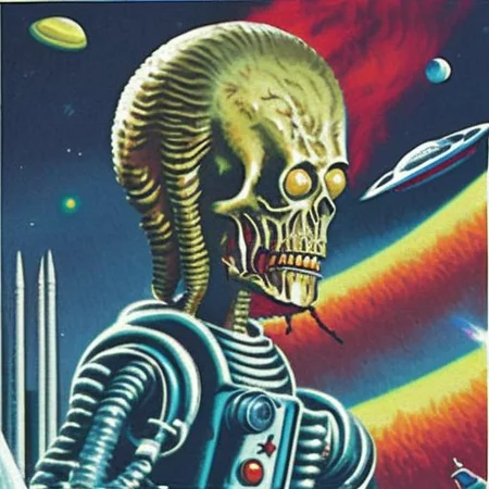 a portrait painting an alien in a space suit with a ray gun in the style marsattacks