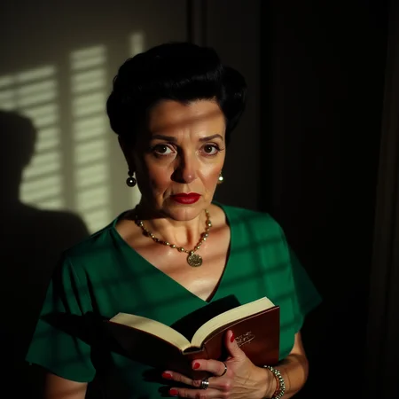 <lora:casting shadows style v1:1>
cucoloris, light modifier, casting shadows, A cucoloris patterned illumination casting a horizontal shadow on a 1950's old woman in a green dress holding a book, 1girl, solo, looking at viewer, short hair, black hair, holding, jewelry, earrings, indoors, nail polish, mole, blurry, black eyes, bracelet, lips, book, window, mole under mouth, red nails, realistic, cinematic, film, filmic, casting shadow, venetian blinds casting shadow light, shadow on face, face partially covered in shadow, different shadow, window casting shadow light, cinematography, detailed, detailed background, detailed face, high quality, 8k, cuculoris, kookaloris, cookaloris or cucalorus, light modifier, different light pattern, creative light, unique shadow, casting shadow style, upper body, necklace, fingernails, makeup, lipstick, blinds, blurry background, freckles