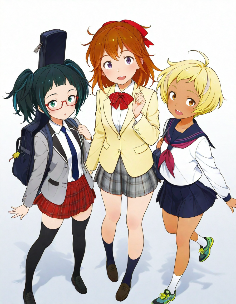 masterpiece,best quality,absurdres,official art,official style,source_anime,anime screencap,anime coloring,<lora:Hyper-SDXL-8steps-lora:1>,<lora:uzumasa_IL:0.8>,white background,transparent background,from above,
onomisa, multiple girls,3girls,black hair, multicolored hair,streaked hair,blue hair, light blue headphones around neck, glasses, under-rim eyewear, red-framed eyewear,  twintails, green eyes,school uniform, red skirt, black thighhighs, grey jacket,open jacket,plaid skirt,pleated skirt, blue necktie, white collared shirt, zettai ryouiki, black loafers,black guitar case, white background,simple background, looking at viewer,
uzumasamoe, multiple girls,3girls, school uniform, brown hair, multicolored hair, streaked hair, pink hair, purple eyes,long hair, red hair ribbon, yellow jacket, plaid skirt, grey pleated skirt, dark blue socks,brown loafers,red ribbon, looking at viewer, bow,  dark blue school bag, :d, white background, charm (object), keychain, open mouth, smile,hand up,
matsugasaki,multiple girls,3girls, brown eyes, blonde hair,multicolored hair, streaked hair, ahoge, dark-skinned female, school uniform, white serafuku,long sleeves,pleated skirt, bike shorts, short hair, sneakers,white socks, smile, looking at viewer,